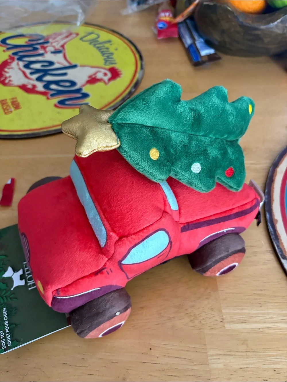 Plush Red Dog Toy Truck with Green Tree - Pet Soft Squeaky Toy